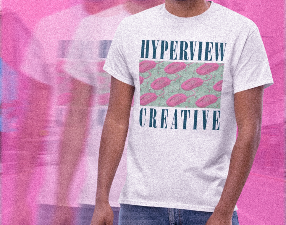 person wearing a Hyperview Creative shirt