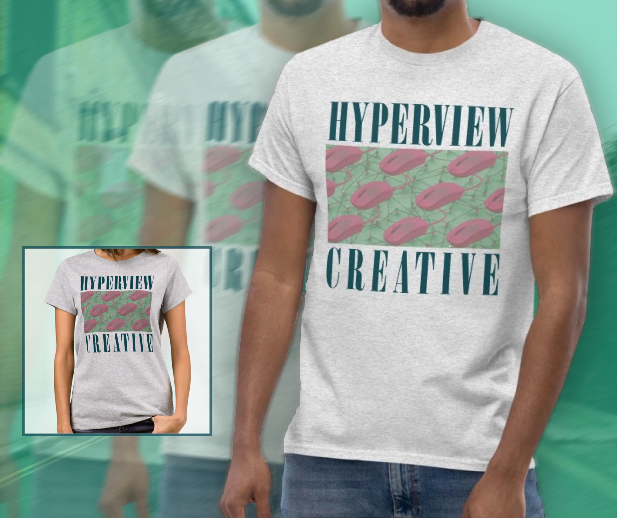 a person wearing a Hyperview Creative shirt with the words "shop coming soon" alongside their body