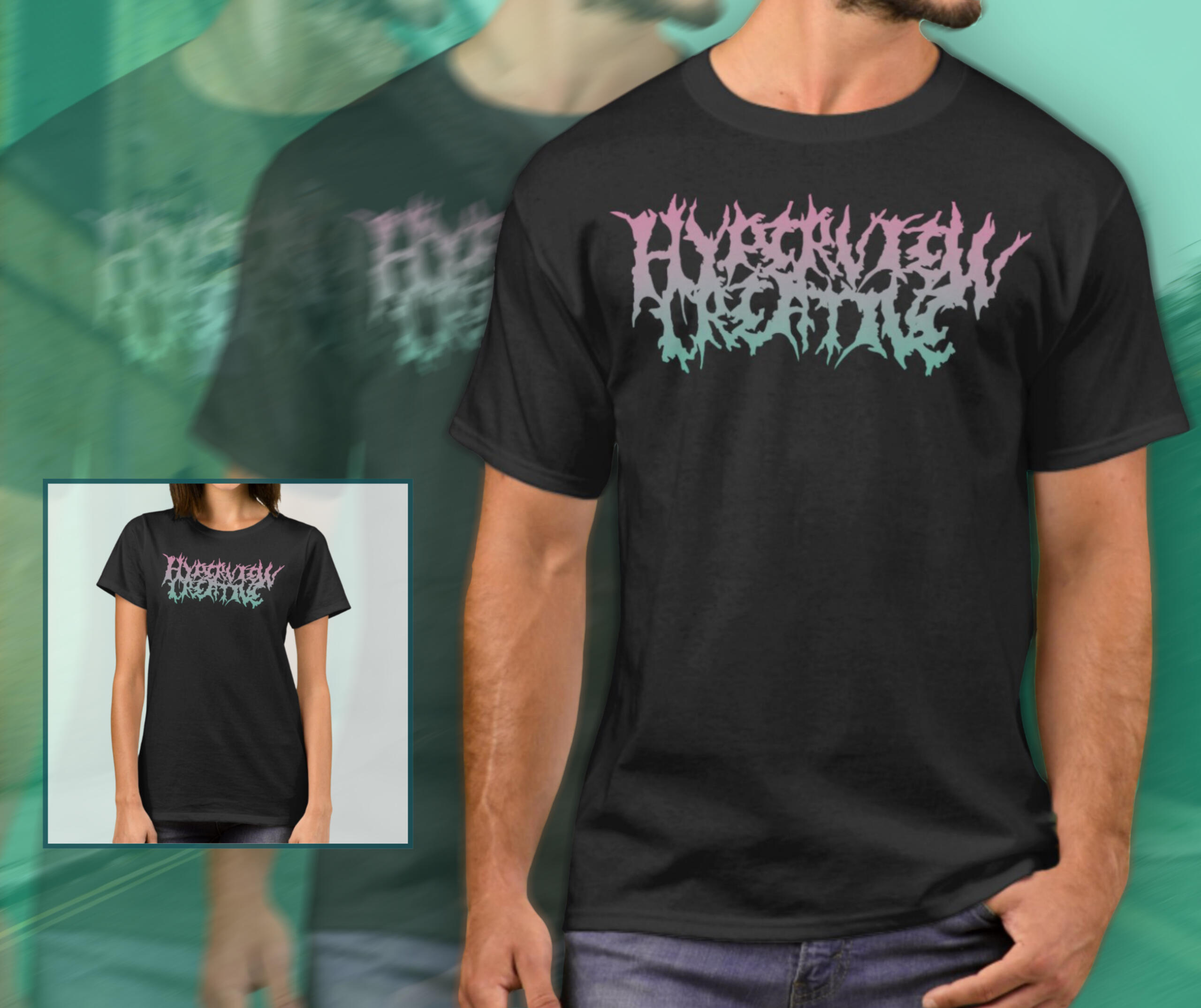 a person wearing a Hyperview Creative shirt with the words "shop coming soon" alongside their body